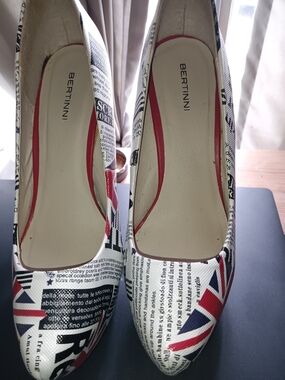 Bertinni Red & White Newspaper-Print Heels